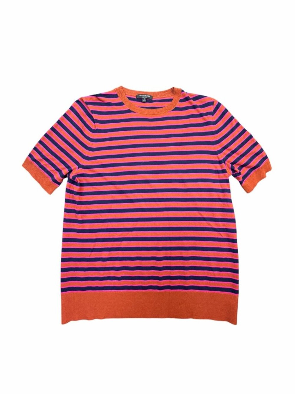 Lafayette 148 New York 100% Cotton Pink Navy Striped Short Sleeve Blouse Medium